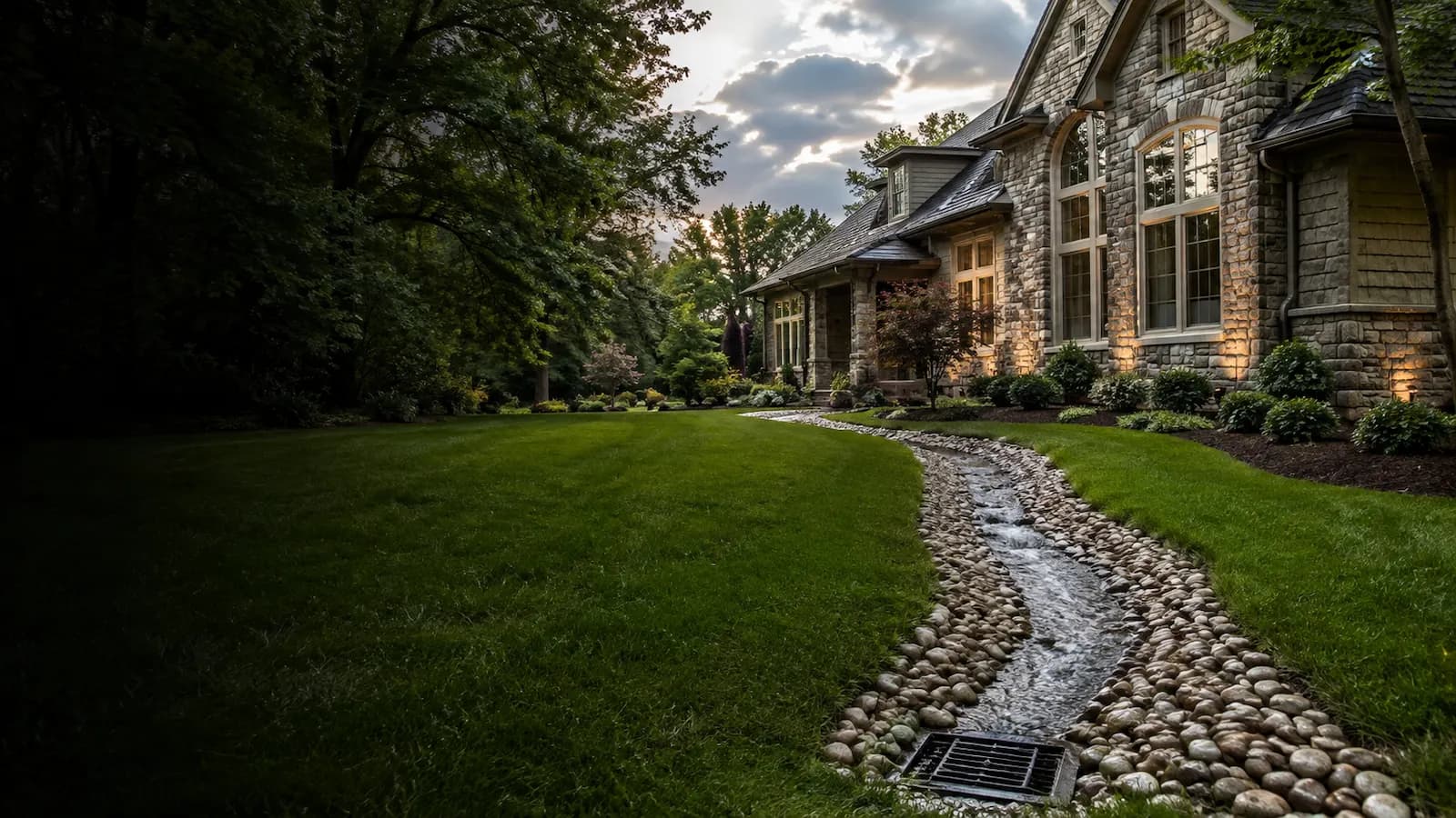 Yard drainage installation in progress on a Bucks County property